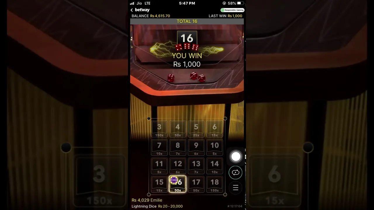 Lightning Dice: Electrifying 300x Multiplier Win at Betway!